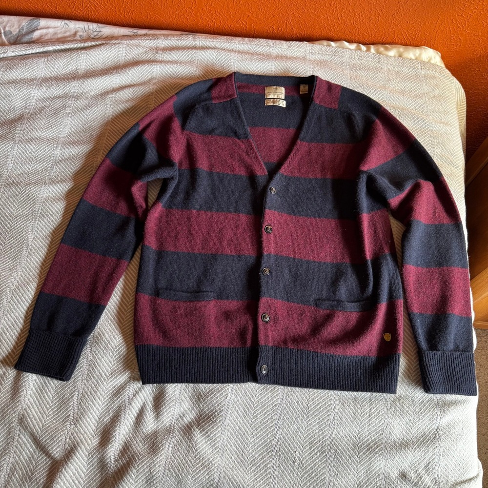 Scotch & Soda Mens XXL Wool Cardigan Striped Leather Elbow Patches Burgundy Navy - Picture 6 of 11
